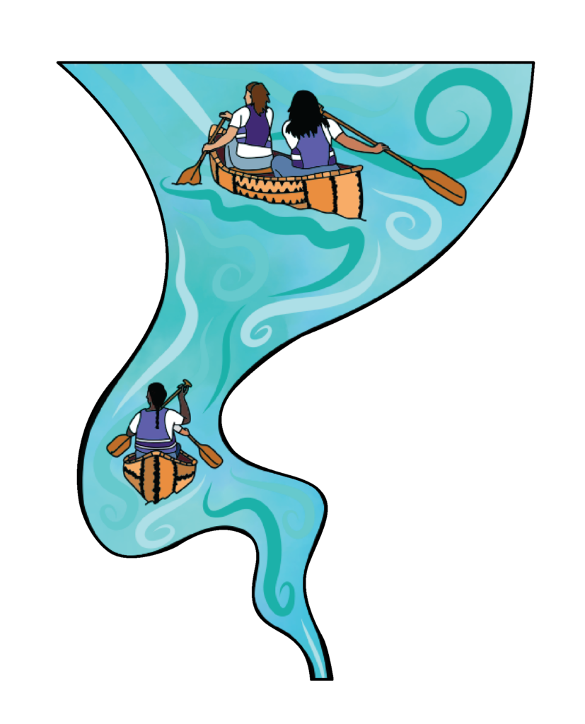Illustration of Indigenous  students rowing canoes.