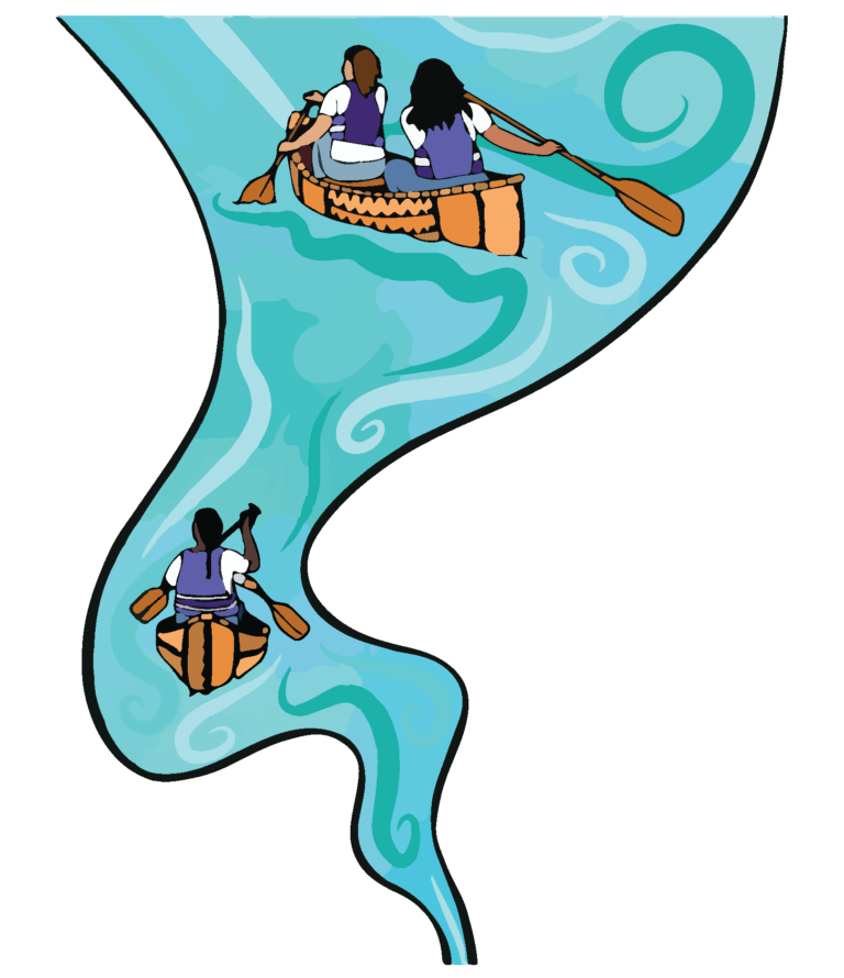 Illustration of Indigenous students rowing canoes